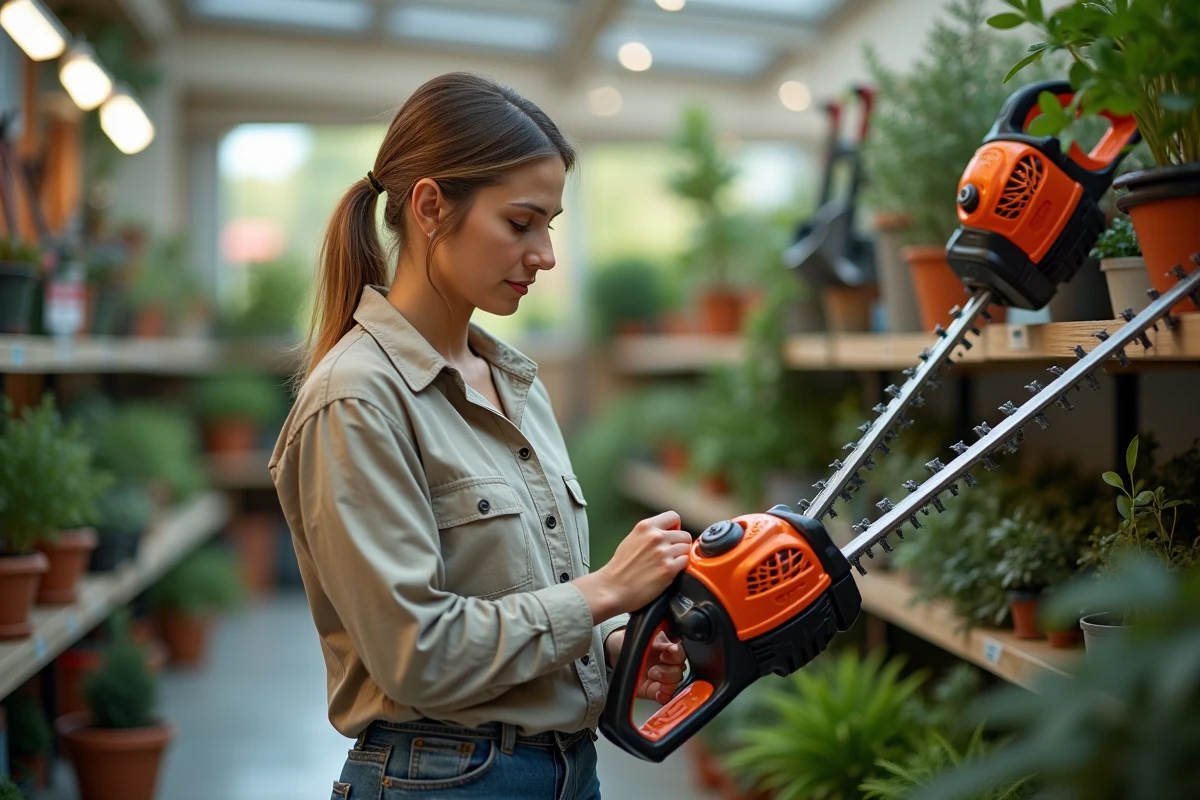 Femme examinant des taille-haies en magasin de jardinage