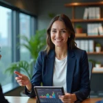 Femme confiante en bureau moderne avec tablette d'analyses