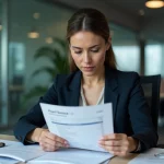Femme en bureau analysant une fiche de paie et documents