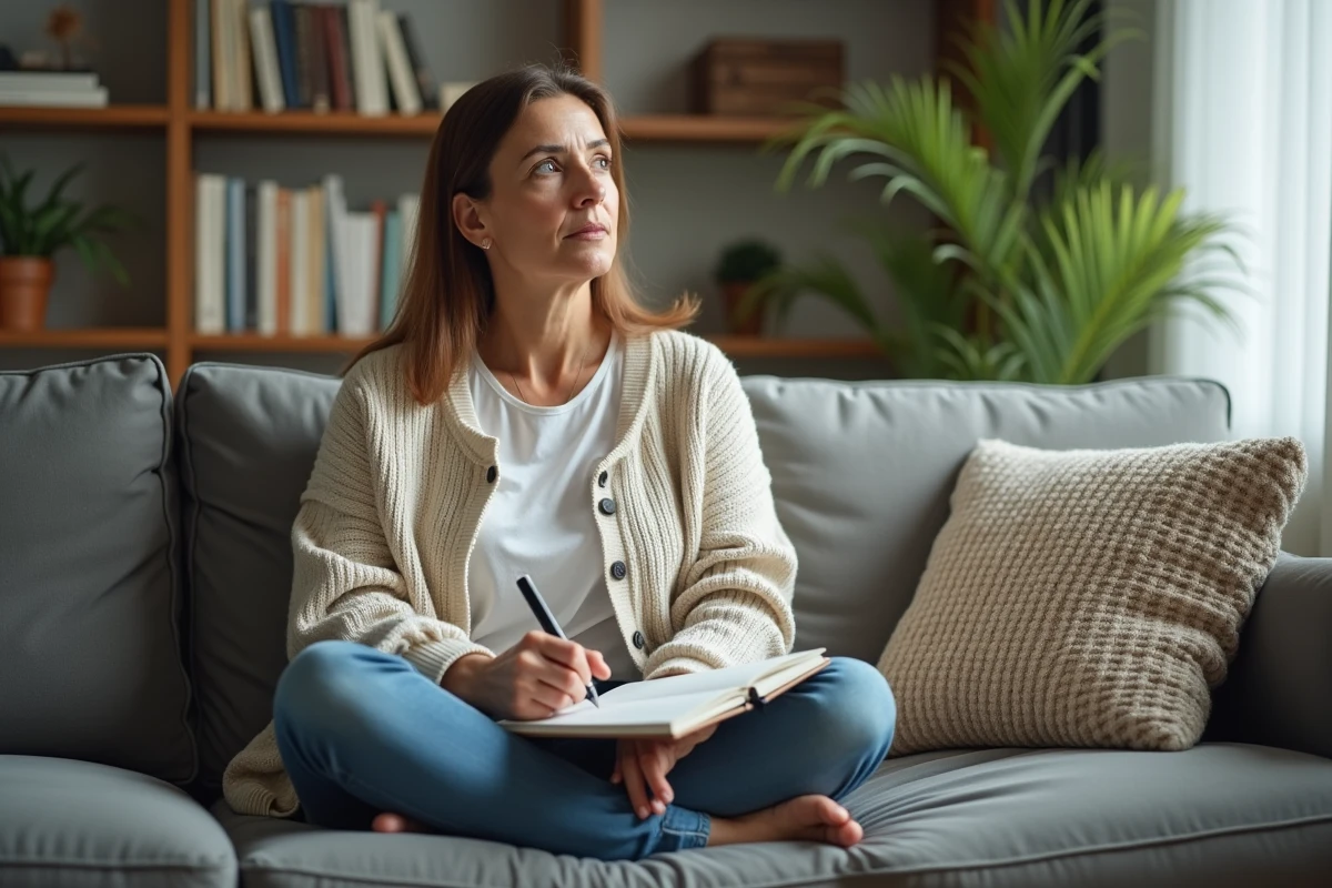 Femme méditative avec bloc-notes dans le salon lumineux