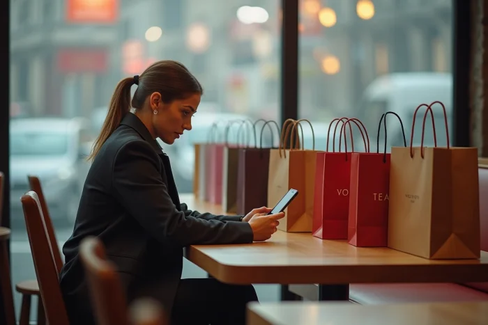Femme entourée de sacs de luxe dans un café ordinaire, illustrant le comportement ostensible des faux riches