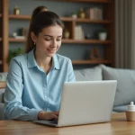Jeune femme consulte un site de sante en ligne à la maison