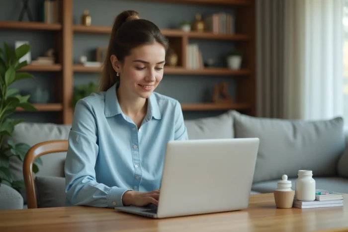 Jeune femme consulte un site de sante en ligne à la maison