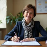 Femme signant un document à la mairie lors d'une cérémonie officielle