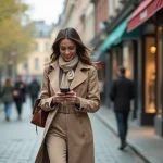 Femme élégante en trench beige dans une rue urbaine printanière