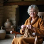 Femme d'âge moyen tricote dans un salon chaleureux