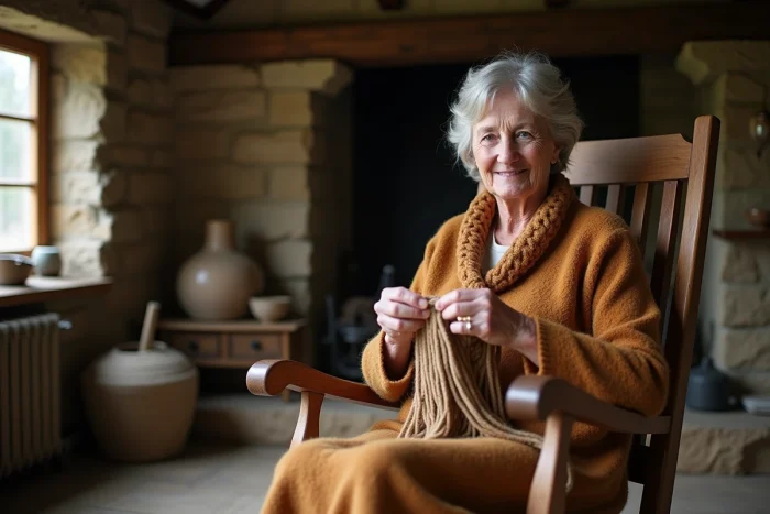 Femme d'âge moyen tricote dans un salon chaleureux