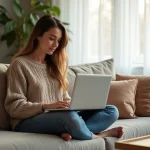 Femme utilisant le Wi-Fi Plus sur son ordinateur portable dans un salon moderne et confortable
