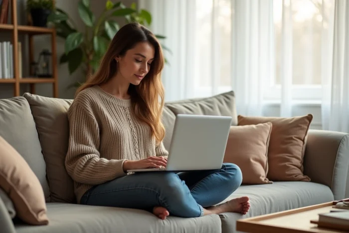 Femme utilisant le Wi-Fi Plus sur son ordinateur portable dans un salon moderne et confortable