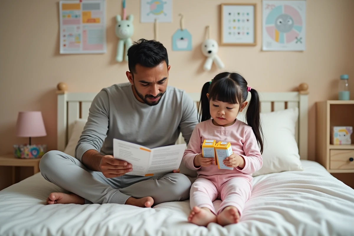 Fille de quatre ans avec son père lisant une notice médicale
