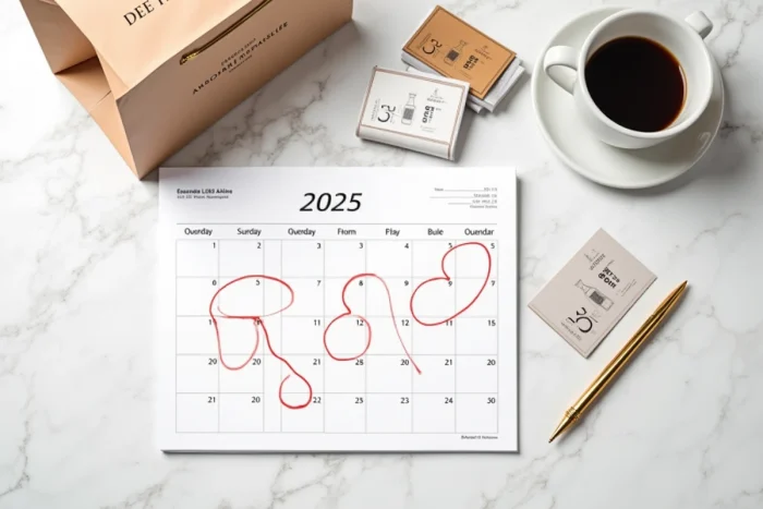 Flat lay d'un calendrier 2025 avec dates de ventes privées entourées, cartons d'invitation et sac shopping sur marbre