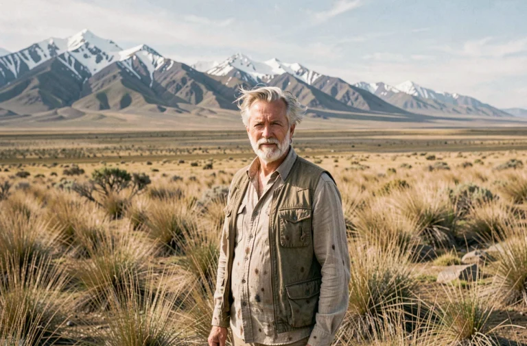 Homme aux cheveux argentés contemplant les paysages sauvages de Patagonie, liberté et nature préservée