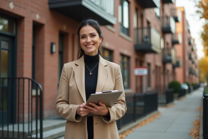 Femme gestionnaire de biens devant un immeuble locatif rénové en milieu urbain en automne