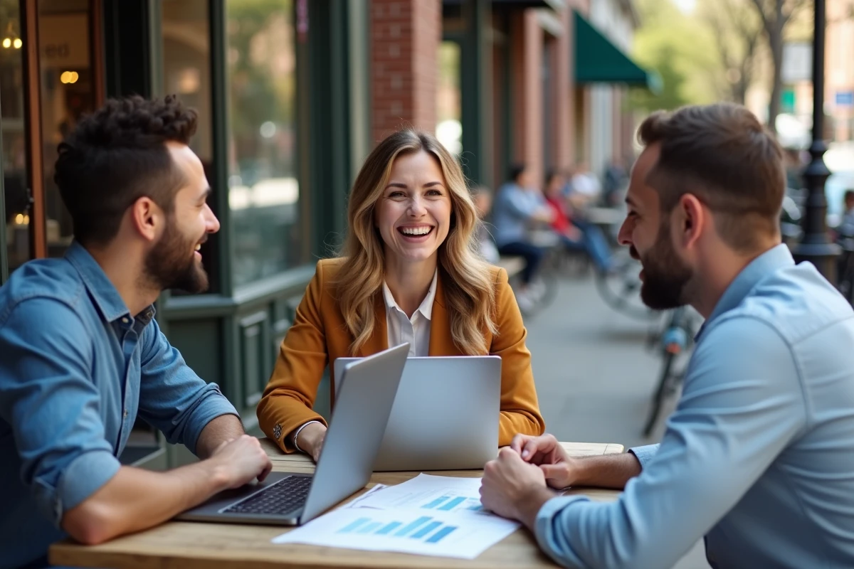 Trois entrepreneurs discutant autour d une table de café en ville
