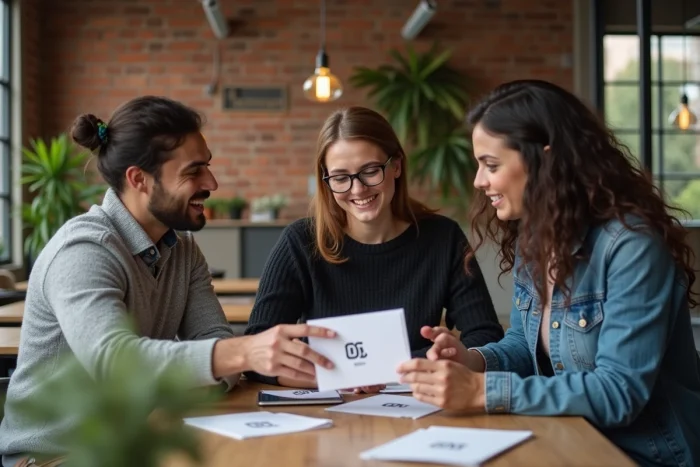 Groupe de professionnels discutant des avis sur le logo DVGB Xoilutughiuz Tube dans un espace de coworking