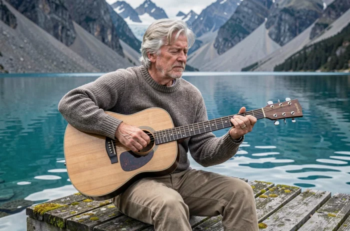 Homme jouant de la guitare au bord d'un lac de Patagonie, sérénité et nouvelle vie artistique en pleine nature