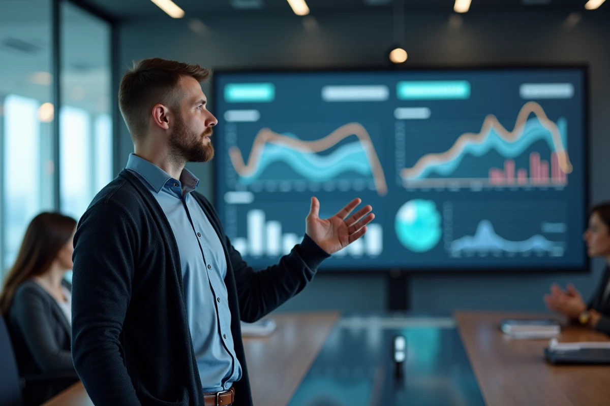 Homme expliquant des données sur un grand écran digital