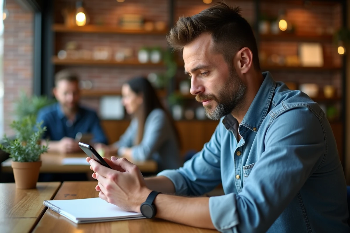 Homme vérifiant ses paiements dans un café urbain