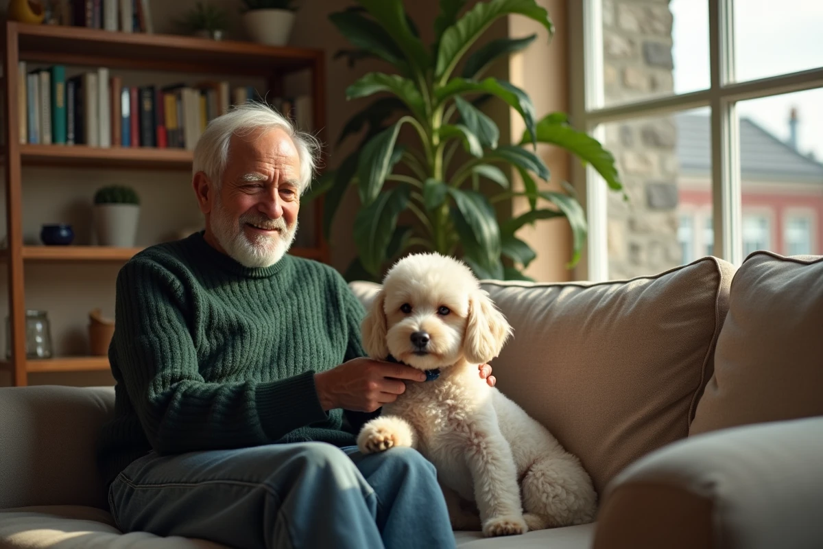 Homme âgé caressant un petit caniche dans un salon lumineux