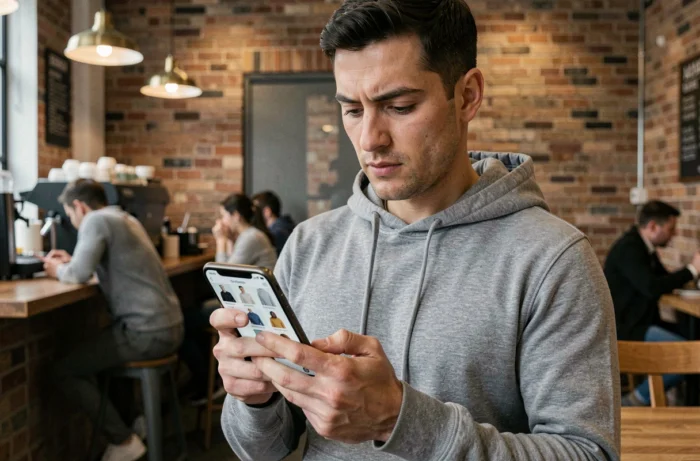 Homme consultant le site Zaza Mode sur son smartphone dans un café urbain
