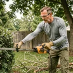 Homme utilisant une élagueuse électrique filaire pour tailler une haie dans un jardin suburban bien entretenu