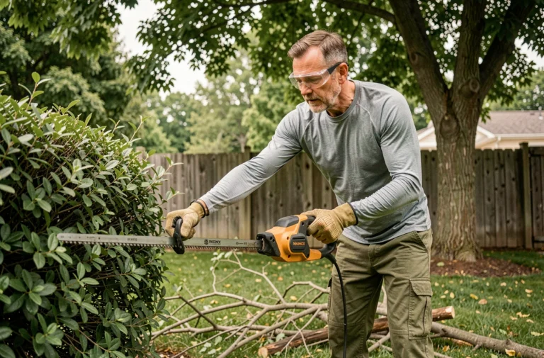 Homme utilisant une élagueuse électrique filaire pour tailler une haie dans un jardin suburban bien entretenu