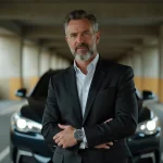 Homme en costume de luxe mal ajusté posant devant une voiture de luxe louée dans un parking, signe typique des faux riches