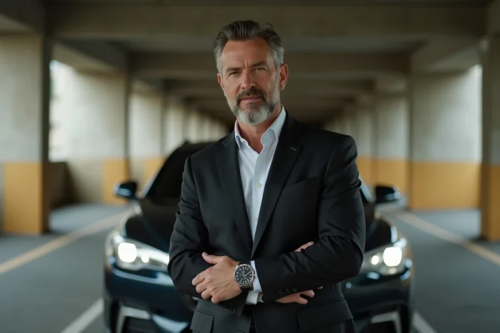 Homme en costume de luxe mal ajusté posant devant une voiture de luxe louée dans un parking, signe typique des faux riches