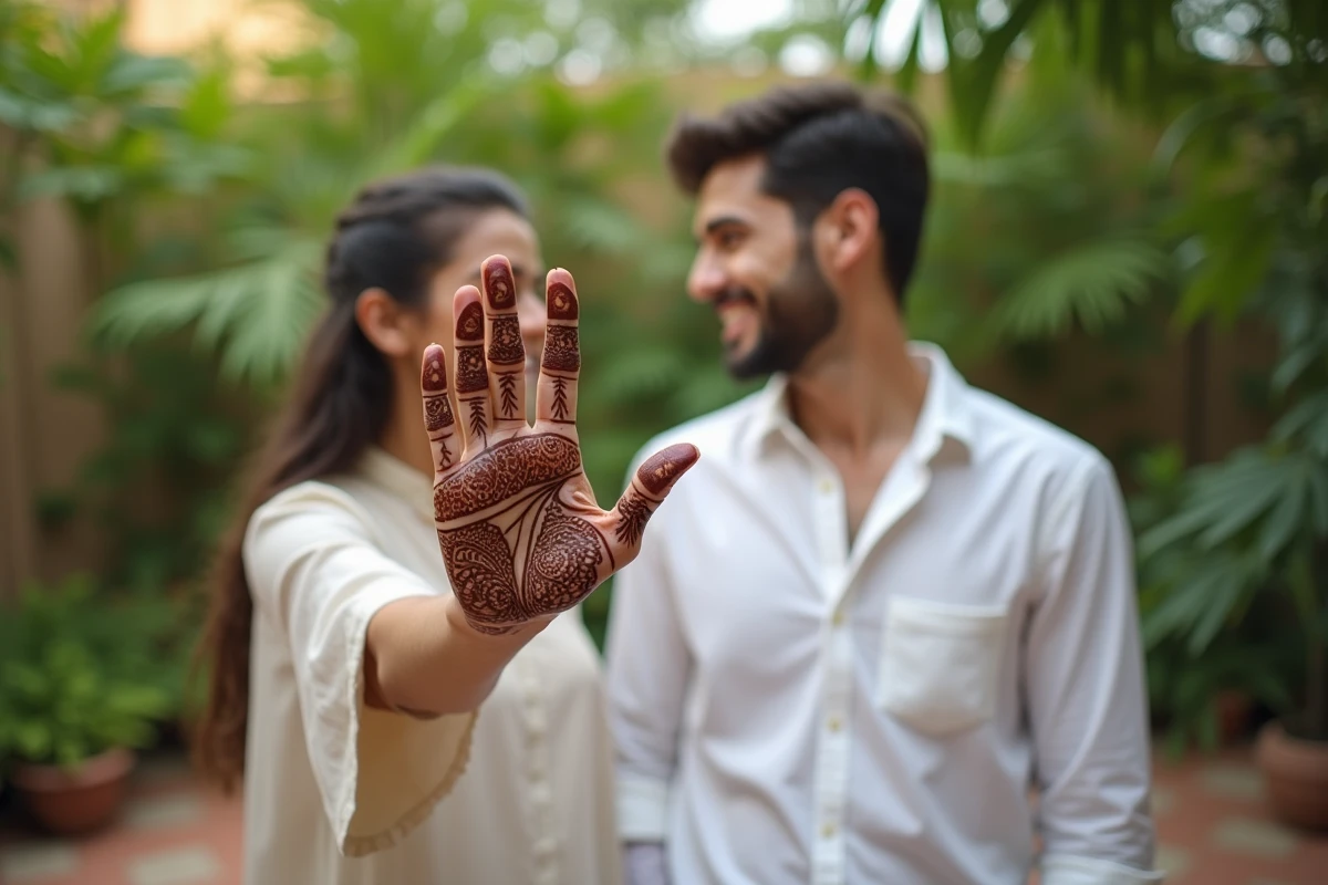 Homme montrant un motif de henné dans un jardin coloré