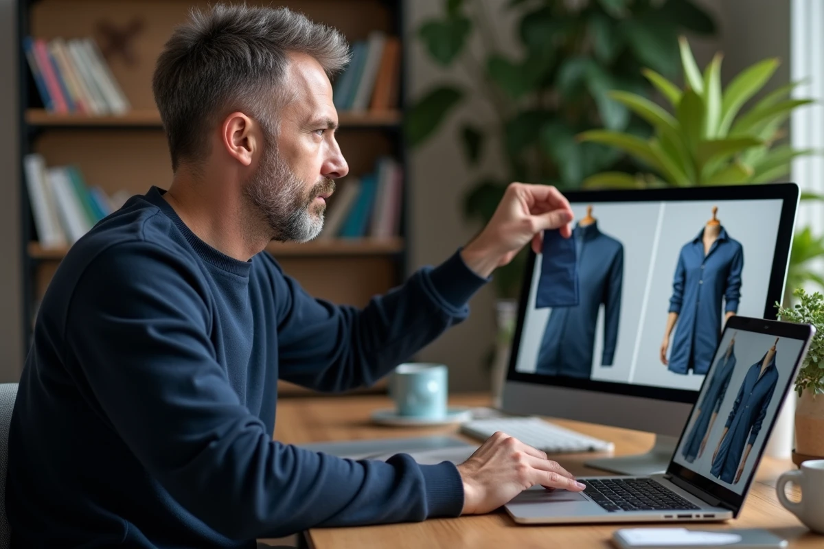 Homme compare une étiquette de vêtement avec un ordinateur portable