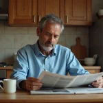 Homme d'âge moyen lisant un journal dans la cuisine chaleureuse