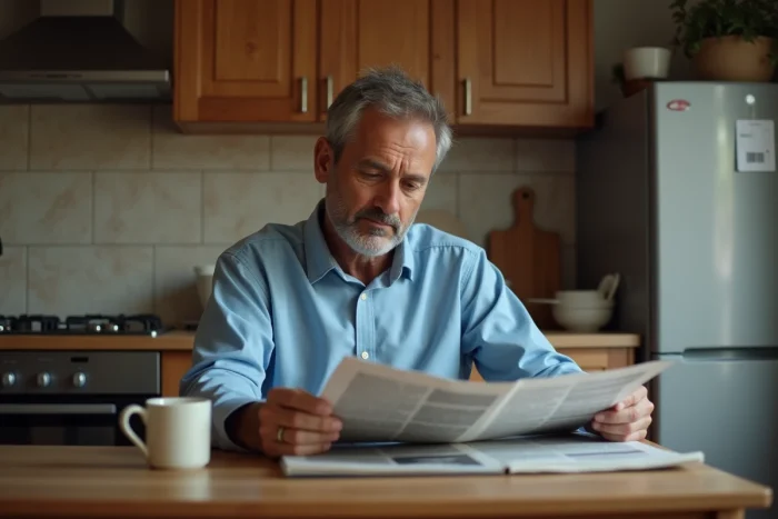 Homme d'âge moyen lisant un journal dans la cuisine chaleureuse