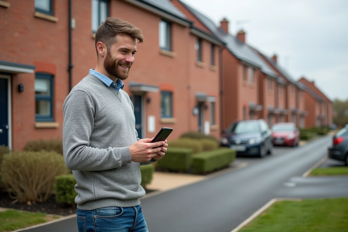 Homme souriant devant maisons neuves dans lotissement