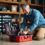 Homme d'âge moyen organisant ses outils dans un garage