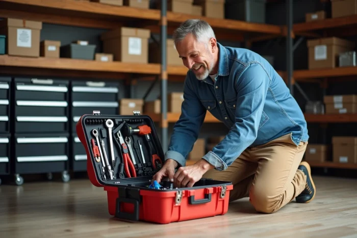 Homme d'âge moyen organisant ses outils dans un garage