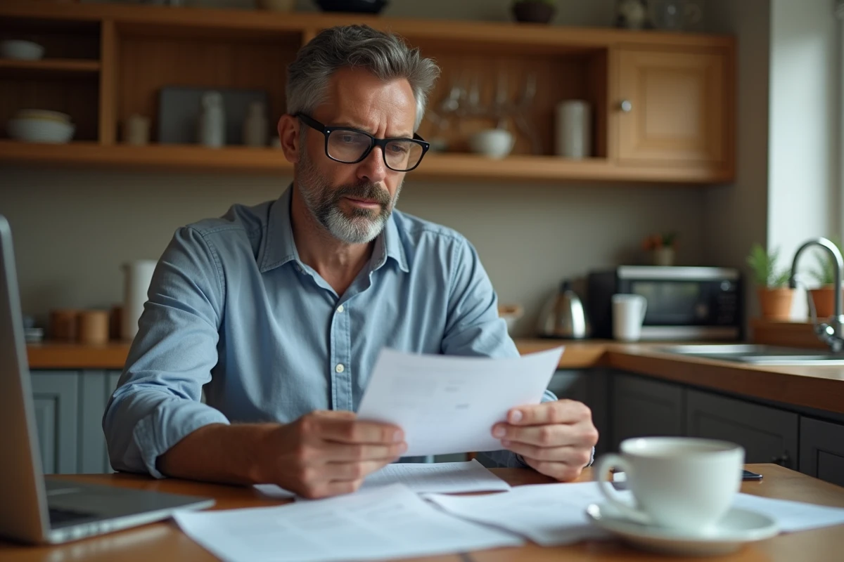 Homme en cuisine examinant sa fiche de paie avec café