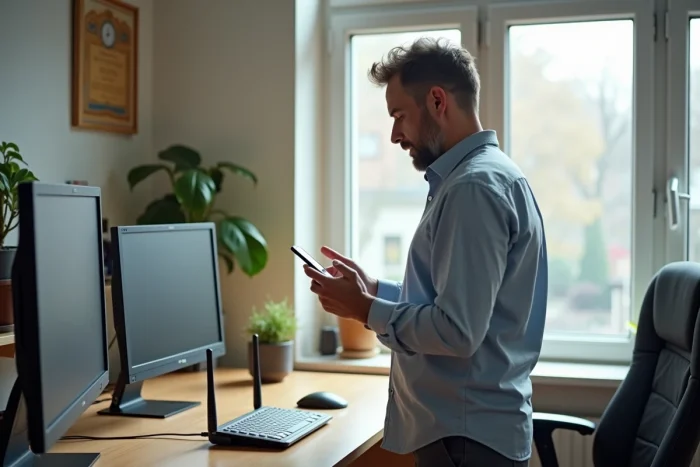 Homme configurant un routeur Wi-Fi Plus dans son bureau à domicile avec smartphone en main