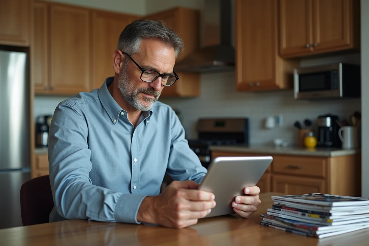 Homme comparant des sites de streaming avec sa tablette