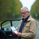 Homme inquiet avec permis de conduire devant sa voiture