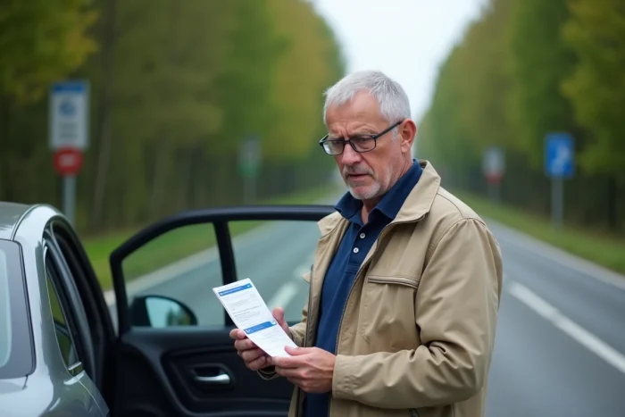 Homme inquiet avec permis de conduire devant sa voiture