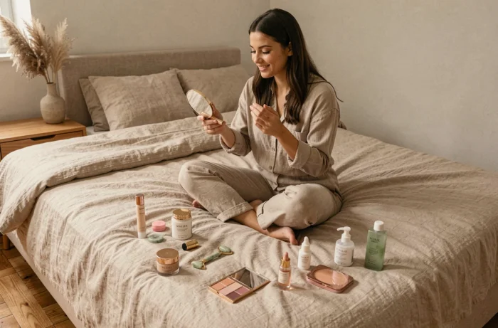 Femme assise sur un lit entourée de produits de beauté essentiels incluant sérum, jade roller et palette de blush