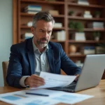 Homme consultant des documents d'investissement locatif sur un bureau en bois dans un bureau à domicile moderne