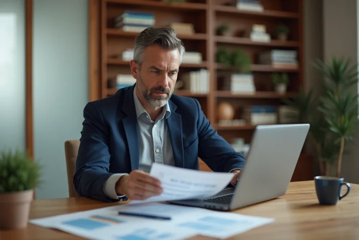Homme consultant des documents d'investissement locatif sur un bureau en bois dans un bureau à domicile moderne