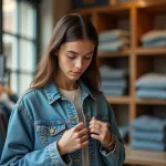 Jeune femme examine une étiquette colorée dans une boutique de vêtements