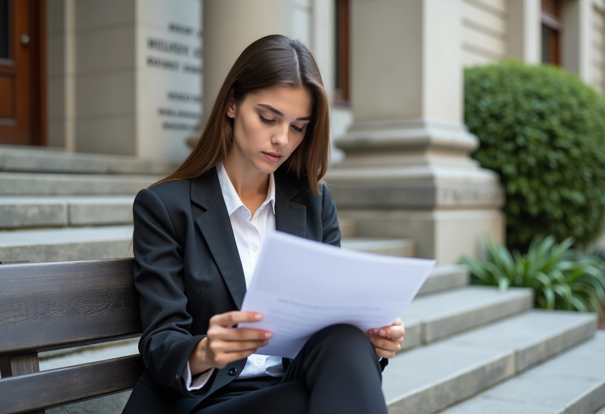 Jeune femme lisant un document devant le tribunal