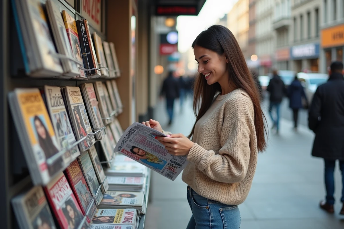 Jeune femme souriante choisissant des magazines dans un kiosque urbain