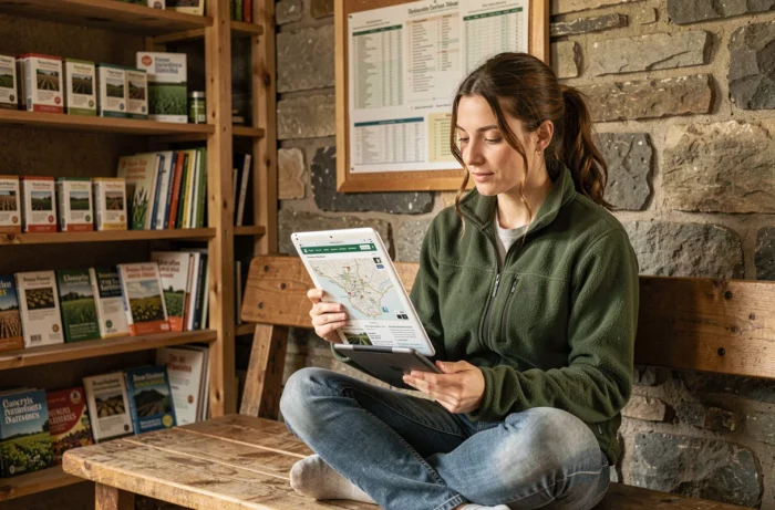 Jeune femme comparant le plan du site Agriculture Et Paysage imprimé et sa version numérique sur tablette