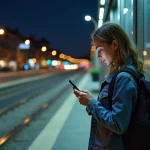 Jeune femme en denim attend tram à Grenoble la nuit