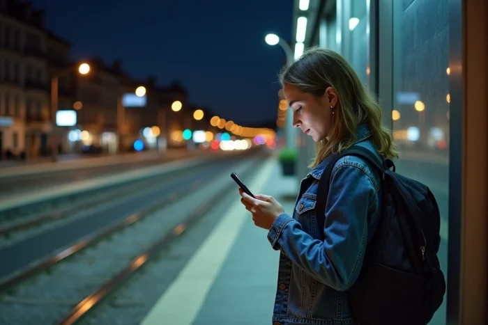 Jeune femme en denim attend tram à Grenoble la nuit