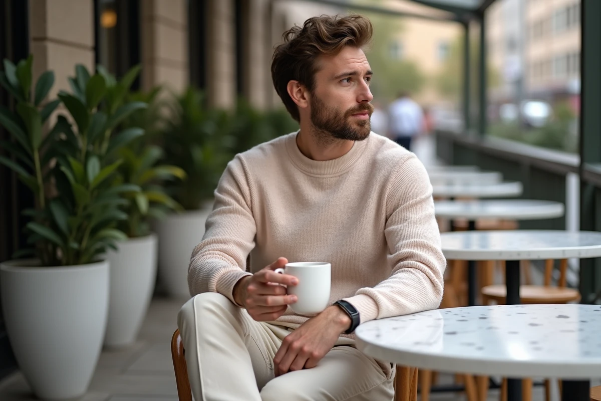 Jeune homme en pull pastel dans un café en ville